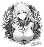  atago_(kantai_collection) beret breasts commentary_request flower fur_trim gloves greyscale hat kantai_collection large_breasts long_hair long_sleeves looking_at_viewer military military_uniform monochrome plant rose smile snowball22 solo uniform upper_body 