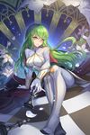  boots breasts c.c. chess_piece chessboard code_geass flower gloves green_hair high_heels highres lily_(flower) long_hair looking_at_viewer medium_breasts petals sitting smile solo thigh_boots thighhighs white_footwear white_gloves white_legwear yellow_eyes yuangungun_xiaodupi 