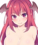  asa_(coco) bangs blush breasts cleavage collarbone eyebrows eyebrows_visible_through_hair fang fang_out head_wings koakuma large_breasts long_hair looking_at_viewer nude out-of-frame_censoring pointy_ears red_eyes red_hair sidelocks simple_background solo touhou upper_body white_background 