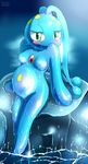  anthro blush breasts embarrassed female legendary_pok&eacute;mon looking_at_viewer manaphy nintendo pok&eacute;mon pok&eacute;morph pregnant sitting smile solo tokemaru video_games wet 