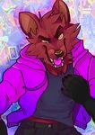  2016 amber_eyes anthro black_fur canine clothed clothing daflummify digital_media_(artwork) fangs fox fur hi_res looking_at_viewer male mammal open_mouth pose pyrocynical red_fur sharp_teeth solo teeth tongue 