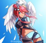  1girl blue_eyes fuuro_(pokemon) gym_leader hair_ornament midriff mintes navel pokemon pokemon_bw red_hair swanna wink 