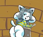  anthro butt canine cat clothed clothing dog drillbutts feline female fur hair looking_back mammal open_mouth smile solo tem temmie_(undertale) undertale video_games white_fur 