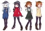  :d akatsuki_(kantai_collection) alternate_costume bad_id bad_pixiv_id black_eyes black_hair blue_eyes blush boots brown_eyes brown_hair casual clenched_hand flat_cap folded_ponytail gloves hair_ornament hairclip hand_on_hip hat hibiki_(kantai_collection) ikazuchi_(kantai_collection) inazuma_(kantai_collection) jacket kantai_collection long_hair muhogame multiple_girls neck_ribbon open_mouth pantyhose ribbon scarf smile v_arms white_background white_hair 