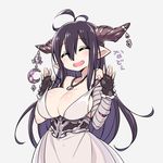  :d ^_^ antenna_hair bandaged_arm bandages black_gloves black_hair blush breasts bursting_breasts chan_co cleavage closed_eyes crescent danua draph dress fingerless_gloves gloves granblue_fantasy hair_between_eyes horn_ornament horns jewelry large_breasts long_hair necklace open_mouth pointy_ears revision simple_background smile solo strap_pull translation_request white_dress 