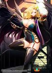  ;) against_wall black_legwear black_wings blonde_hair breasts cleavage coat commentary_request copyright_name curvy garter_straps green_eyes hair_ornament hip_vent knee_up korean_commentary large_breasts long_hair looking_at_viewer microphone one_eye_closed open_clothes open_coat pointy_ears qurare_magic_library smile snowball22 solo thighhighs wings 