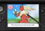  &lt;3 3_fingers 3ds agitype01 avian blaziken blush claws eyes_closed feathers nintendo pok&eacute;mon red_feathers solo standing sweat text video_games yellow_feathers 