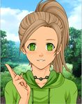  brown_hair close-up cloud day grass green_eyes jewelry necklace personification ponytail silverfeather222 tawnypelt tree warrior_cats 