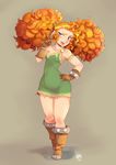  armlet big_hair blue_eyes boots breasts brown_gloves buck_teeth dress ember_(nerdbayne) eyebrows freckles full_body gloves green_dress hand_on_hip nerdbayne orange_hair original raised_eyebrow short_dress sidelocks single_strap small_breasts solo standing twintails wide_hips 