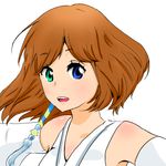  breasts brown_hair detached_sleeves final_fantasy final_fantasy_x heterochromia japanese_clothes jewelry short_hair solo yuna_(ff10) 