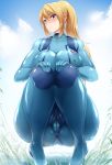  1girl artist_request ass blonde_hair blue_bodysuit blue_eyes bodysuit breasts cameltoe closed_mouth cloud embarrassed erect_nipples eyebrows_visible_through_hair female from_below grass hair_between_eyes head_tilt highres hips huge_ass knees_together_feet_apart large_breasts legs long_hair looking_at_viewer looking_down metroid neck nintendo outdoors ponytail samus_aran shiny shiny_hair shy skin_tight sky solo squatting thick_thighs thighs wide_hips zero_suit 