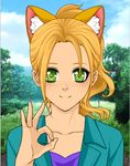  blonde_hair cat_ears close-up cloud day freckles grass green_eyes personification ponytail sandstorm_(warrior_cats) silverfeather222 sky tree warrior_cats 