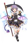  :d blush boots brown_eyes demon_horns demon_tail detached_sleeves dress granblue_fantasy hair_ornament hairclip horns idolmaster idolmaster_cinderella_girls kidachi koshimizu_sachiko looking_at_viewer open_mouth pointing pointing_at_self purple_hair purple_wings scythe short_hair smile solo string tail wings 
