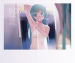  arm_up armpits blue_eyes blue_hair bra hjl long_hair original solo time toothbrush_in_mouth underwear underwear_only white_bra 