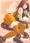  ass black_eyes black_hair bodysuit brown_hair commentary_request final_fantasy final_fantasy_ix from_behind garnet_til_alexandros_xvii gloves highres holixholi leggings long_hair looking_at_viewer looking_back open_mouth orange_bodysuit skin_tight solo 