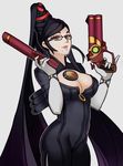  arm_strap bangs bayonetta bayonetta_(character) beehive_hairdo black-framed_eyewear black_hair bodysuit breasts cleavage cleavage_cutout cowboy_shot double_barrels dual_wielding elbow_gloves eyeshadow finger_on_trigger from_side glasses gloves grey_background grey_eyes gun hair_over_shoulder hair_ribbon half_updo handgun high_ponytail highres holding holding_gun holding_weapon large_breasts light_smile lips long_hair looking_at_viewer looking_back makeup mole mole_under_mouth outline pinky_out ponytail red_ribbon ribbon scarborough_fair_(bayonetta) sidelocks simple_background smile solo splashbrush split_ponytail standing swept_bangs thighs very_long_hair weapon white_gloves wristband 