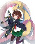  brown_eyes brown_hair brown_legwear commentary cresselia crossover gen_2_pokemon gen_4_pokemon gradient_hair heart highres hug hug_from_behind jacket kantai_collection legendary_pokemon long_hair luxury_ball mtu_(orewamuzituda) multicolored_hair mutsuki_(kantai_collection) one_eye_closed open_mouth pantyhose pleated_skirt poke_ball pokemon pokemon_(creature) remodel_(kantai_collection) school_uniform serafuku short_hair skirt smile umbreon 