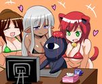  3girls animal_ears blood blood_on_face blush breasts brown_hair character_request claws computer cyclops dark_skin green_eyes harem huge_breasts konno_tohiro long_hair multiple_girls one-eyed open_mouth ponytail red_hair silver_hair smile tail white_hair 