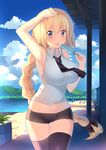  armpits blonde_hair braid breasts chestnut_mouth craytm fate/apocrypha fate_(series) food highres impossible_clothes jeanne_d'arc_(fate) jeanne_d'arc_(fate)_(all) large_breasts long_hair midriff popsicle purple_eyes short_shorts shorts solo thighhighs 