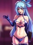  aqua_(konosuba) bad_id bad_pixiv_id bikini blue_eyes blue_hair blush breasts cleavage cowboy_shot elbow_gloves frilled_gloves frilled_legwear frills gloves hair_rings kono_subarashii_sekai_ni_shukufuku_wo! large_breasts long_hair maid_headdress menu navel o-ring o-ring_bottom o-ring_top open_mouth rindou_akira smirk solo swimsuit thigh_gap thighhighs very_long_hair waitress 