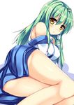  blouse breasts detached_sleeves frog_hair_ornament green_hair hair_ornament hair_tubes kochiya_sanae large_breasts long_hair looking_at_viewer lying ryokushiki_(midori-ya) skirt snake_hair_ornament solo touhou wide_sleeves yellow_eyes 