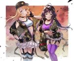  2girls ayase_eli bag bandaid bangs belt blonde_hair blue_eyes breasts camouflage choker cleavage commentary_request fingerless_gloves gloves goggles goggles_on_head green_eyes grin hair_down hat highres jacket large_breasts long_hair looking_at_viewer love_live! love_live!_school_idol_project low_twintails military military_hat military_jacket miniskirt multiple_girls navel purple_hair shoulder_bag signature skirt smile sports_bra thighhighs toujou_nozomi twintails twitter_username zawawa_(satoukibi1108) 