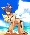  alcohol all_fours anklet ass beach beer beer_mug bikini blue_sky breasts butt_crack checkered checkered_neckwear cleavage cloud cup day downpants eyepatch full_body glowing grin headgear holding holding_cup jewelry kantai_collection large_breasts looking_at_viewer navel necktie ocean outdoors purple_hair sand sandals sky smile solo swimsuit tenryuu_(kantai_collection) tokiwa_midori_(kyokutou_funamushi) water white_bikini yellow_eyes 