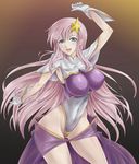  blue_eyes blush breasts commentary_request covered_nipples dtcy gloves gundam gundam_seed gundam_seed_destiny hair_ornament highleg large_breasts leotard long_hair looking_at_viewer meer_campbell open_mouth pink_hair purple_leotard smile solo star star_hair_ornament white_leotard 