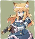  ahoge animal_ears antique_firearm armor blonde_hair blue_eyes coat fang firearm firelock flintlock fox_ears fur_trim gloves green_background gun gunner handgun holster kemonomimi_mode long_hair looking_at_viewer necktie pistol plate_armor sekaiju_no_meikyuu simple_background solo tomcat_(moconeko) weapon 