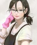  apron bangs black_eyes black_hair glasses gloves hair_between_eyes lips looking_at_viewer mujiha open_mouth original pink_gloves short_twintails smile solo twintails upper_body 