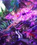  armor armored_boots bat_wings boots building castle clenched_teeth collar collarbone demon_wings dutch_angle electricity full_body gauntlets gem glowing glowing_weapon green_hair horns jewelry knee_boots light looking_down male_focus meganeking muscle necklace official_art outdoors parted_lips pendant pointy_ears shingoku_no_valhalla_gate shoulder_pads solo spikes teeth watermark weapon wings 