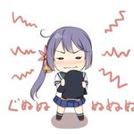  akebono_(kantai_collection) bell blue_skirt failure_penguin flower hair_bell hair_flower hair_ornament jingle_bell kantai_collection pleated_skirt ponytail purple_hair sazaki_hiyoru school_uniform serafuku short_sleeves side_ponytail skirt solo wavy_mouth 