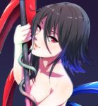  asymmetrical_wings black_hair breasts censored collarbone downscaled gradient gradient_background houjuu_nue image_sample looking_at_viewer md5_mismatch medium_breasts mosaic_censoring nude open_mouth polearm red_eyes resized short_hair smile snake solo tenyunkel touhou trident twitter_sample upper_body weapon wings 