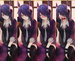  :o absurdres black_gloves black_legwear blush breasts cleavage embarrassed eyepatch fang frown gloves headgear highres kantai_collection large_breasts light_particles looking_at_viewer multiple_views partly_fingerless_gloves purple_hair reki_(dezuko) school_uniform short_hair sitting skirt smile tenryuu_(kantai_collection) thighhighs variations wavy_mouth window yellow_eyes 