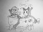 &lt;3 anthro bath bathing black_and_white blank_(fnac) blush cat cindy_(fnac) dialogue duo english_text feline female five_nights_at_candy&#039;s ghost_(artist) humanoid looking_at_viewer mammal monochrome retro smile speech_bubble text toony towel wet 