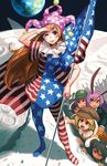  american_flag american_flag_dress american_flag_legwear angry animal_ears black_hair blonde_hair bunny bunny_ears clownpiece contrapposto crater doyora earth extra fairy_wings flag floppy_ears frilled_shirt_collar frills full_body hat inaba_tewi jester_cap long_hair medical_whiskey moon multiple_girls neck_ruff no_shoes one_eye_closed orbit pantyhose pink_hair planet polka_dot print_legwear red_eyes reisen reisen_udongein_inaba riftgarret ringo_(touhou) salute seiran_(touhou) short_sleeves space standing star touhou very_long_hair wings 