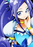  bad_id bad_pixiv_id black_background blue_bow blue_eyes blue_hair bow bracelet brooch choker cure_diamond dokidoki!_precure expressionless hand_on_own_face hishikawa_rikka jewelry long_hair looking_at_viewer magical_girl ninomae ponytail precure puffy_sleeves solo sparkle upper_body 