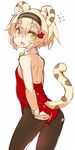  1girl animal_ears blonde_hair bunny_hair_ornament choker cuffs eyebrows eyebrows_visible_through_hair fang flat_chest green_eyes hair_ornament hairband kittysuit looking_at_viewer looking_back open_mouth original short_hair simple_background solo tail thick_eyebrows tiger_ears tiger_tail tomcat_(moconeko) toramimi-senpai white_background 