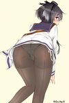  anchor ass back back-seamed_legwear black_hair black_legwear brown_eyes from_behind gradient_hair hairband hat headgear kantai_collection looking_back lowleg_pantyhose mini_hat multicolored_hair nagi_(shunsuke-manage) panties panties_under_pantyhose pantyhose sailor_collar seamed_legwear shirt short_hair short_hair_with_long_locks side-tie_panties sidelocks solo tied_shirt tokitsukaze_(kantai_collection) underwear white_panties 