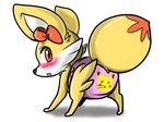  big_ears blaze blush bow diaper embarrassed female fennekin feral fur looking_at_viewer lulu_(artist) nintendo orange_eyes pikachu pok&eacute;mon rear_view simple_background solo video_games yellow_fur 