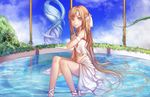  asuna_(sao) brown_eyes brown_hair choker hair_ribbon highres in_water long_hair long_legs looking_at_viewer navel pointy_ears ribbon rokiru_(yukiyoooooo) sitting smile solo sword_art_online titania_(sao) very_long_hair 