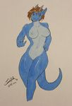  2016 an&#039;de_locari blue_scales breasts brown_hair cocofox crossgender dragon female green_eyes grin hair hand_on_hip hi_res looking_at_viewer navel nude scales scalie simple_background solo 