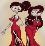  &lt;3 adelita_sanchez animated_skeleton bent_over black_hair bone butt clothing cr dress duo eye_patch eyewear female hair half-closed_eyes hand_on_butt looking_at_viewer not_furry pose sanchez_twins scardelita_sanchez seductive sibling simple_background sisters skeleton smile the_book_of_life twins undead yellow_eyes 