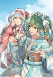  brown_eyes green_eyes green_hair hairband hareta japanese_clothes kantai_collection kimono long_hair multiple_girls open_mouth shoukaku_(kantai_collection) silver_hair smile twintails zuikaku_(kantai_collection) 