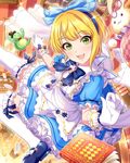  artist_request bangs blonde_hair blue_bow book bow frills gloves green_eyes hair_bow hairband idolmaster idolmaster_cinderella_girls looking_at_viewer miyamoto_frederica official_art open_mouth smile solo stuffed_animal stuffed_bunny stuffed_toy thighhighs white_gloves white_legwear 