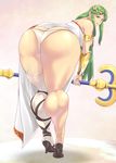  1girl ass bad_proportions bare_shoulders bent_over breasts butt_crack curvy foreshortening green_eyes green_hair high_heels huge_ass jewelry kid_icarus large_breasts leaning_forward long_hair looking_at_viewer looking_back lots_of_jewelry marunav palutena panties parted_lips shoes solo staff standing thick_thighs thighs wide_hips 
