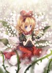  blonde_hair blue_eyes bow bowtie dqn_(dqnww) field flower flower_field hair_bow hair_ribbon lily_of_the_valley looking_at_viewer medicine_melancholy puffy_sleeves ribbon shirt short_hair short_sleeves sitting skirt solo su-san touhou 