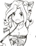  abigail_(stardew_valley) animal_ears blush bound bound_arms breasts cat_ears cleavage hair_ribbon leaning_forward leash looking_at_viewer medium_breasts monochrome open_mouth pupoo_(artist) ribbon simple_background smile solo stardew_valley 