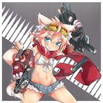  :d animal_ears aqua_eyes bikini_top cat_ears cat_hair_ornament clenched_teeth detached_sleeves eyebrows eyebrows_visible_through_hair flat_chest front-tie_top gauntlets goggles goggles_on_head gun hair_ornament handgun long_ponytail magazine_(weapon) midriff navel open_mouth original pink_hair pistol ponytail scarf sharp_teeth short_shorts shorts smile solo tail teeth thick_eyebrows thighs tomcat_(moconeko) weapon 