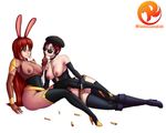  areolae bare_shoulders blue_eyes boots breasts breasts_outside brown_eyes brown_hair bullets bunny_ears coco_adel elbow_gloves gloves hat high_heel_boots high_heels long_hair multiple_girls nipples red_hair reit rwby see-through smile thigh_boots velvet_scarlatina yuri 